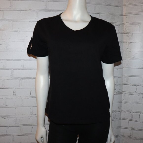 🖤✨👚 Black Button-Sleeve Tee · Basic Editions · Size M · Soft & Sleek - Picture 1 of 6